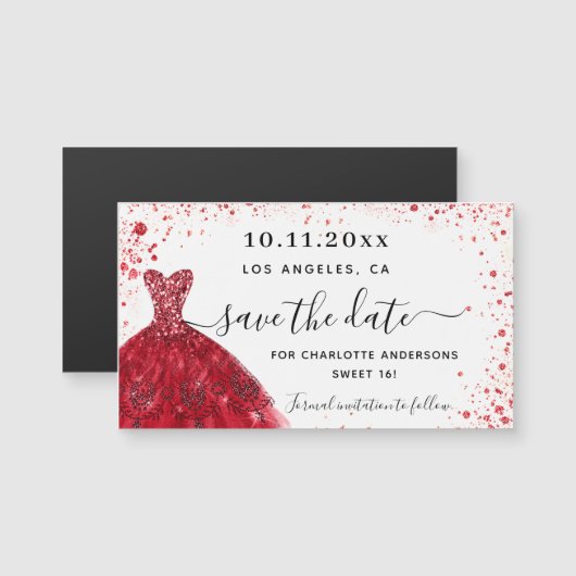 甘い16赤い白のドレスは、日付の磁石を保存 (正面/裏面)