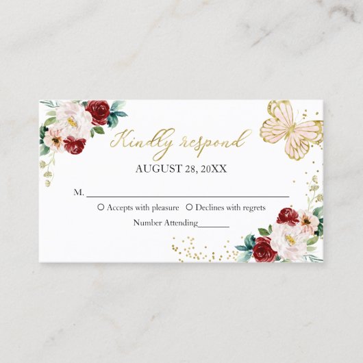 甘い16赤い赤面フローラ蝶RSVPエンクロージャ 名刺 (正面)