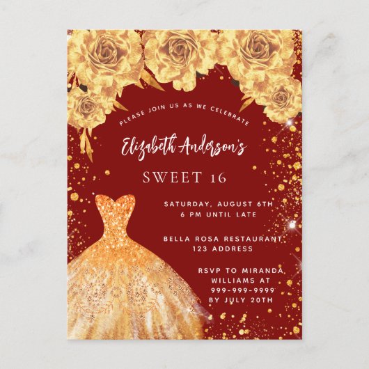 甘い16赤い金ゴールドグリッタードレスバラ インビテーションポストカード (正面)