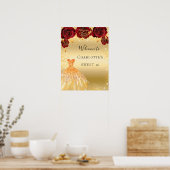 甘い16赤い金ゴールドグリッタードレスフローラ歓迎 ポスター (キッチン)