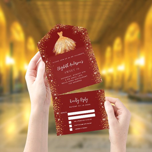 甘い16赤い金ゴールドドレスグリッターRSVP オールインワン招待状