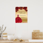 甘い16赤い金ゴールドドレスフローラへようこそ ポスター (キッチン)