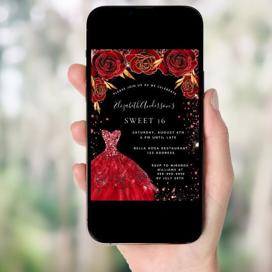 甘い16赤い黒のスパークルドレス花模様 招待状