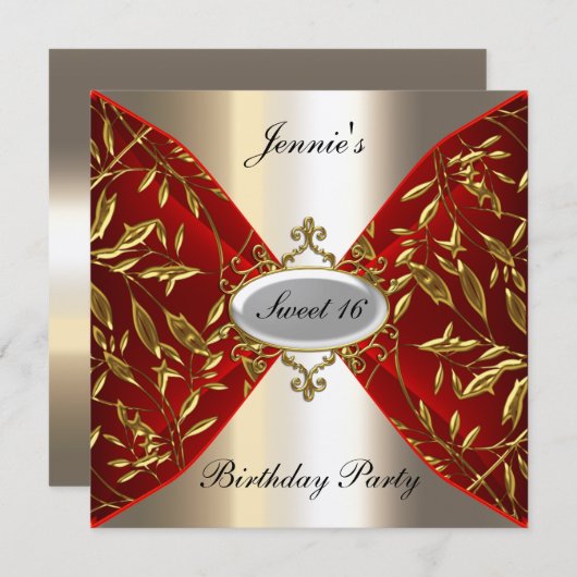 甘い16赤と金属ルックバースデーパーティー 招待状 (正面/裏面)