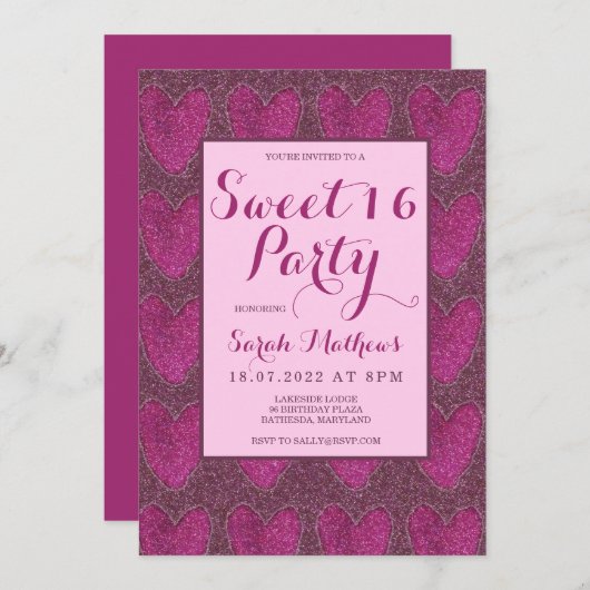 甘い16赤面ピンクとマゼンタグリッター 招待状 (正面/裏面)