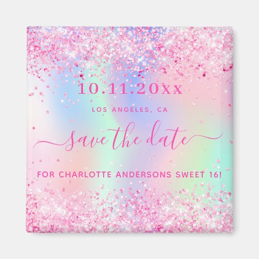 甘い16赤面ピンクのグリッター日付磁石を保存 マグネット (正面)