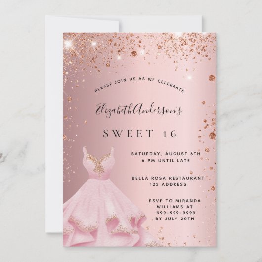 甘い16赤面ピンクのスパークルドレス 招待状 (正面)