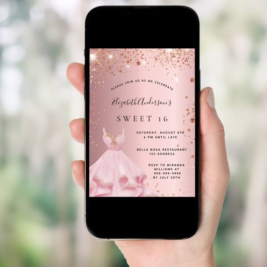 甘い16赤面ピンクのスパークルドレス 招待状