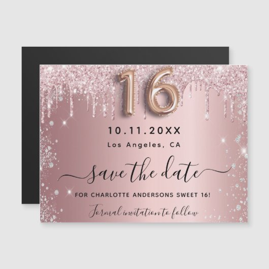 甘い16赤面ピンクシルバー日付磁石を保存 (正面/裏面)