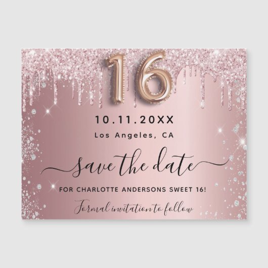 甘い16赤面ピンクシルバー日付磁石を保存 (正面)