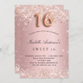 甘い16赤面ピンクローズ金ゴールドグリッターダストパーティー 招待状 (正面/裏面)