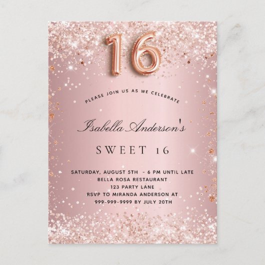 甘い16赤面ピンクローズ金ゴールドグリッターダスト インビテーションポストカード (正面)