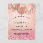甘い16赤面ピンクローズ金ゴールドバルーン インビテーションポストカード (正面)