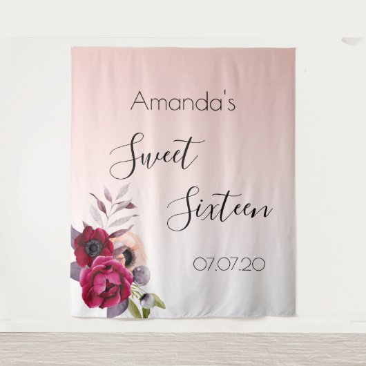 甘い16赤面ピンクローズ金ゴールドフローラ タペストリー (正面)