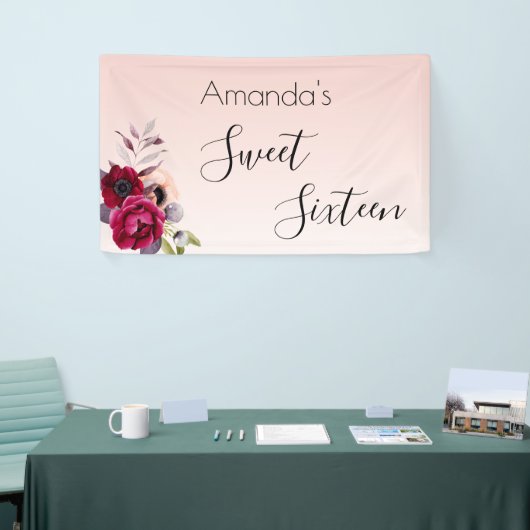 甘い16赤面ピンクローズ金ゴールドフローラ 横断幕 (トレードショー)