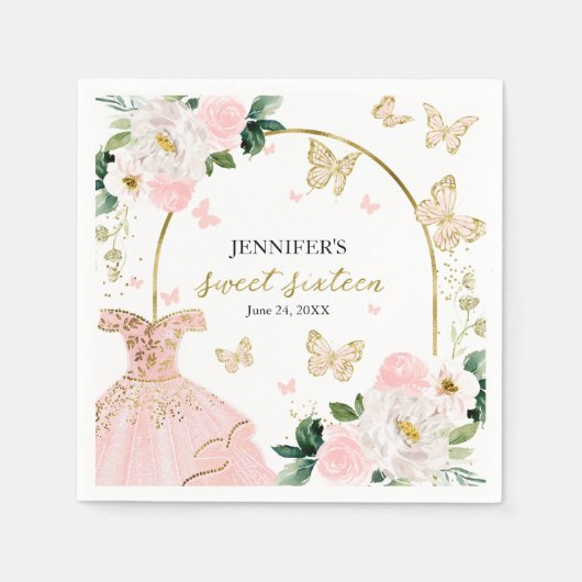 甘い16赤面フローラピンクドレスバタフライ スタンダードカクテルナプキン (正面)