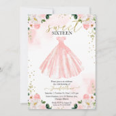 甘い16赤面水色の花ピンクのドレス 招待状 (正面)