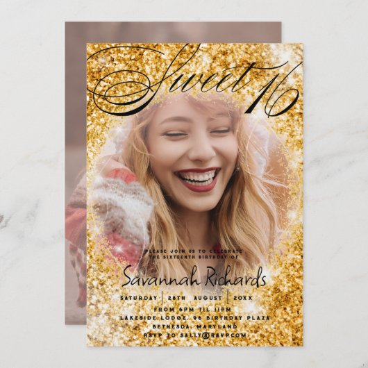甘い16金ゴールドグリッターとフォトパーティー 招待状 (正面/裏面)