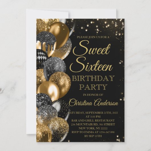 甘い16金ゴールドグリッターバルーンGlam誕生日パーティー 招待状 (正面)