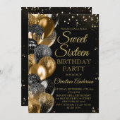 甘い16金ゴールドグリッターバルーンGlam誕生日パーティー 招待状 (正面/裏面)