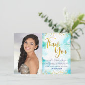 甘い16金ゴールドターコイズ水彩写真モダン サンキューカード (スタンド正面)