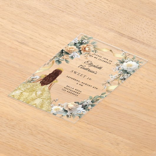 甘い16金ゴールドドレス黄色の花模様 澄ん アクリル招待状 (レイダウン)