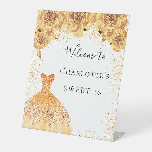 甘い16金ゴールドホワイトドレス花模様パーティー歓迎 台座サイン (正面)