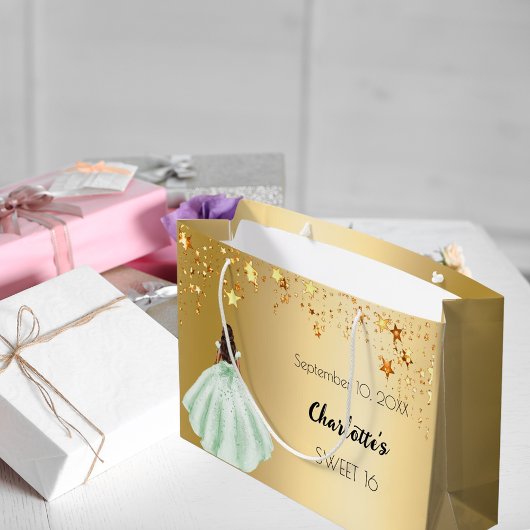 甘い16金ゴールド星グリーンドレス ラージペーパーバッグ