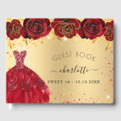 甘い16金ゴールド赤いドレスの花グリッター ゲストブック (正面)