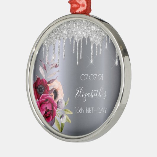 甘い16銀のグリッタードリップフローラバーガンディ メタルオーナメント (左)