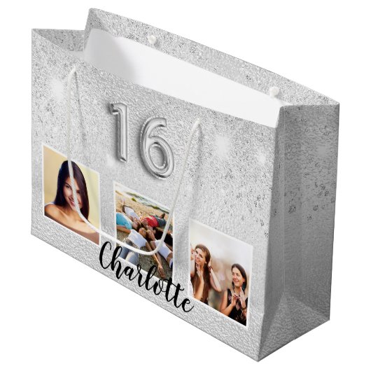 甘い16銀のグリッターフォトモノグラム ラージペーパーバッグ (正面アングル)