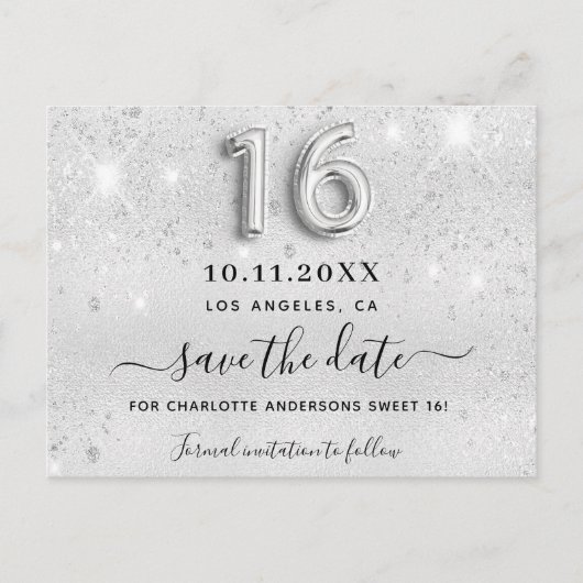 甘い16銀のグリッター乾燥パーティーの日付を保存 案内ポストカード (正面)