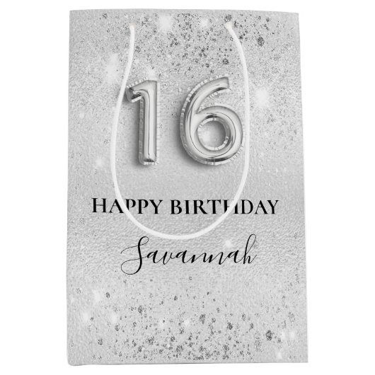 甘い16銀グリッターダストモノグラム誕生日 ミディアムペーパーバッグ (正面)