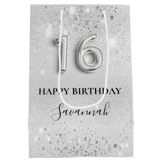 甘い16銀グリッターダストモノグラム誕生日 ミディアムペーパーバッグ (裏面)