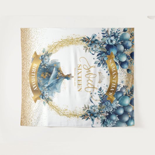 甘い16青い金ゴールド水色のキラキラの背景 タペストリー (正面(横))