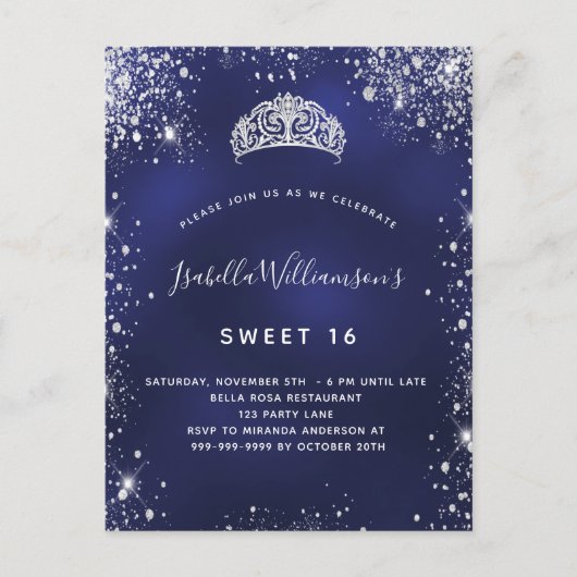 甘い16青い銀のグリッターダストティアラクラウン インビテーションポストカード (正面)