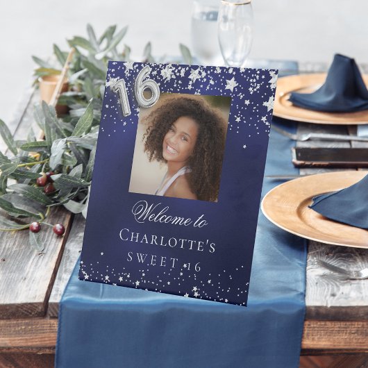甘い16青い銀の星の写真パーティーへようこそ 台座サイン