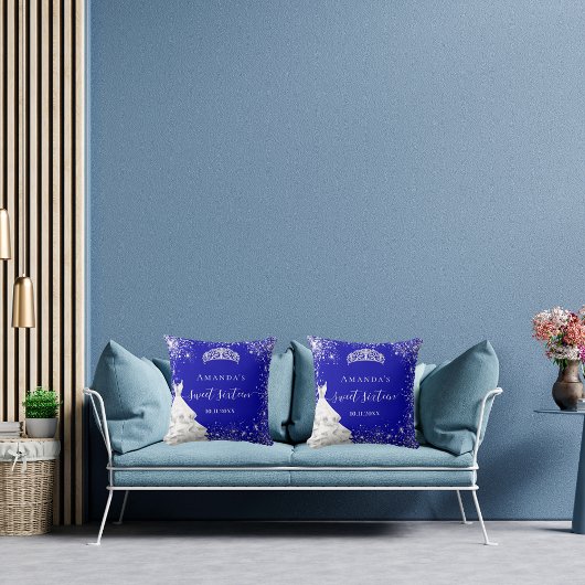 甘い16青王室の銀グリッターティアラのドレス クッション