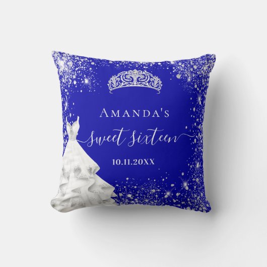 甘い16青王室の銀グリッターティアラのドレス クッション (正面)