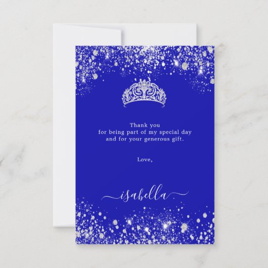 甘い16青王室の銀グリッターティアラ サンキューカード (裏面)