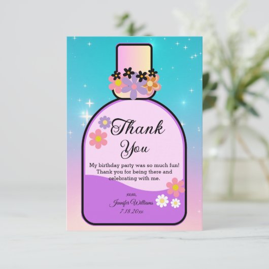 甘い16香水ボトルパープルブルーホログラフィック サンキューカード (スタンド正面)