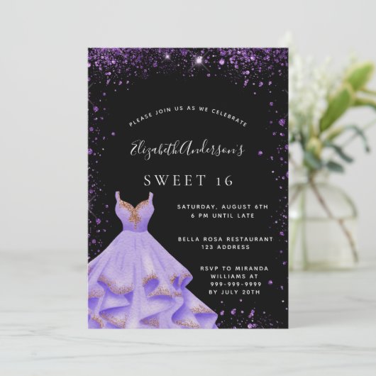 甘い16黒い紫のグリッターダストドレス 招待状 (スタンド正面)