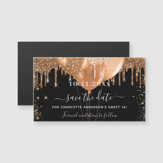 甘い16黒い金ゴールドバルーンは日付磁石を保存 (正面/裏面)