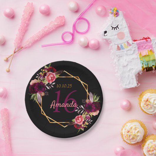 甘い16黒い金ゴールドバーガンディの花 ペーパープレート (パーティー)