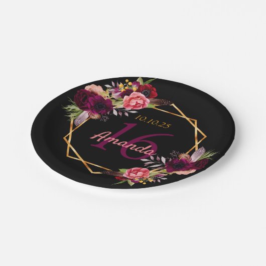 甘い16黒い金ゴールドバーガンディの花 ペーパープレート (アングル)