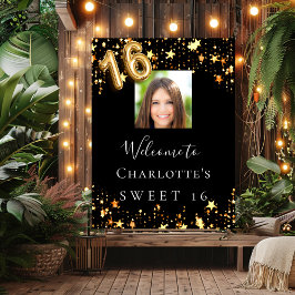 甘い16黒い金ゴールド星写真ようこそ ポスター