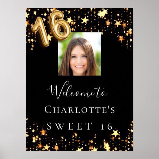 甘い16黒い金ゴールド星写真ようこそ ポスター (正面)