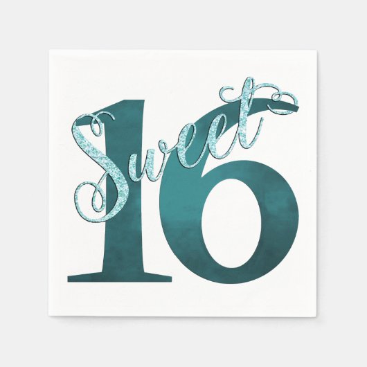 甘い16 | ティール（緑がかった色）グリーングランジとフェイクグリッター スタンダードカクテルナプキン (正面)