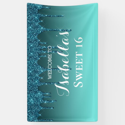 甘い16 |ティール（緑がかった色）滴下グリッターバナー 横断幕 (縦)