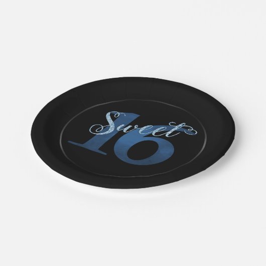 甘い16 | ブルーウォーターの色とフェイクグリッターパーティー ペーパープレート (アングル)